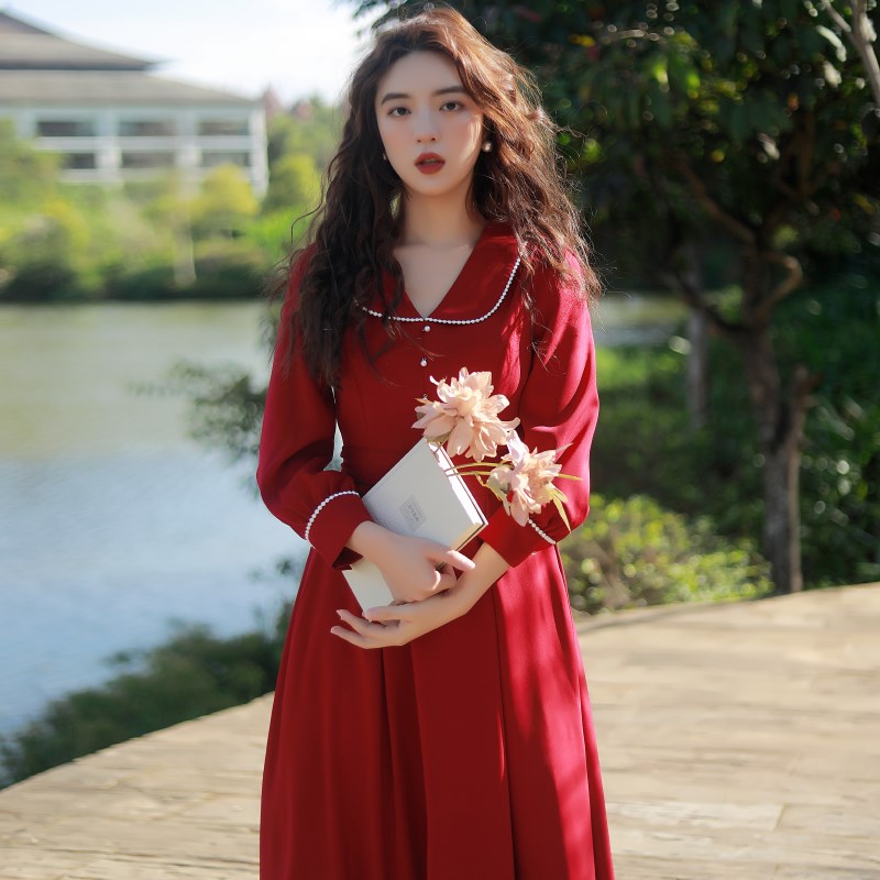 秋冬2022新款敬酒服伴娘礼服法式年会订婚高级感红色长袖连衣裙女