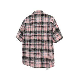 衬衫 DESERTO 做旧毛边晕染洗褪Vintage脏粉全棉格纹休闲宽松短袖
