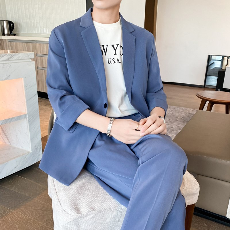 七分袖休闲西装套装男高级感痞帅夏季薄款宽松垂感短袖小西服外套