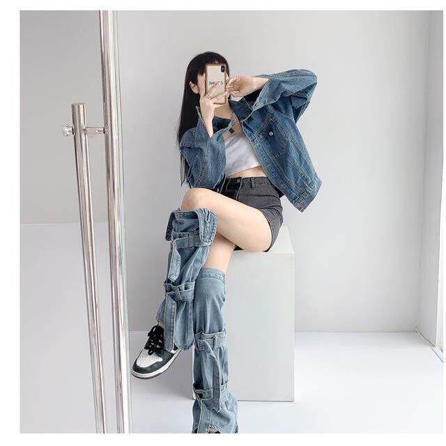 美腿神器网红同款过膝堆堆绑带牛仔腿套辣妹美式街头个性炸街腿套