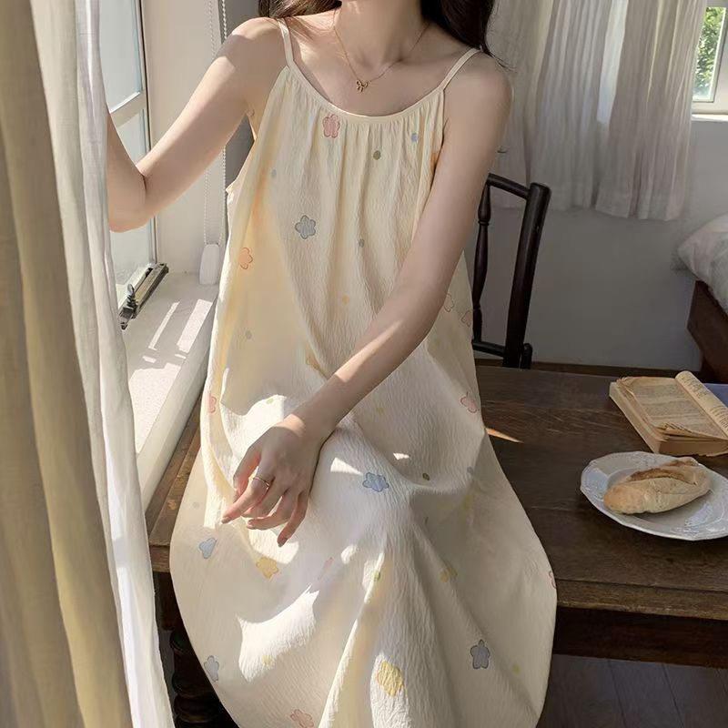 云朵棉睡衣裙女夏吊带无袖学生甜美连衣裙中长款家居服夏天睡裙女图片