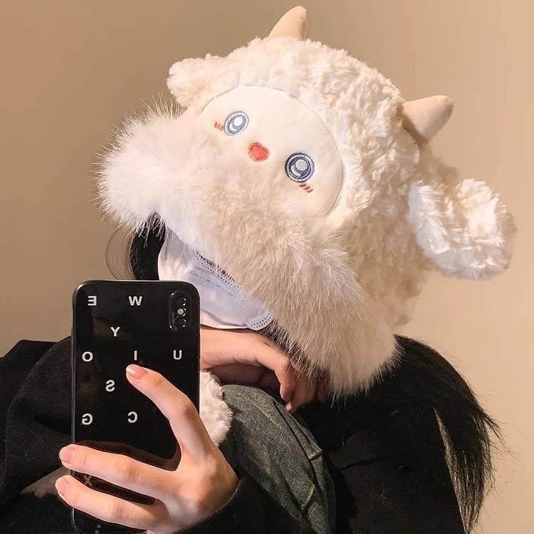 冬季新款小绵羊毛绒帽女帽子围巾一体可爱保暖甜美雷锋帽加厚防寒