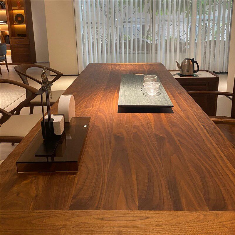 禅意实木茶桌椅组合新中式亚克力悬浮黑胡桃木茶台简约客厅喝茶桌