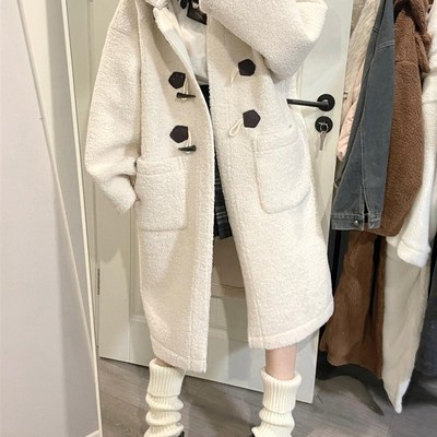 春日部 秋冬羊羔毛牛角扣大衣外套棕色米白学院风jk制服宽松长款