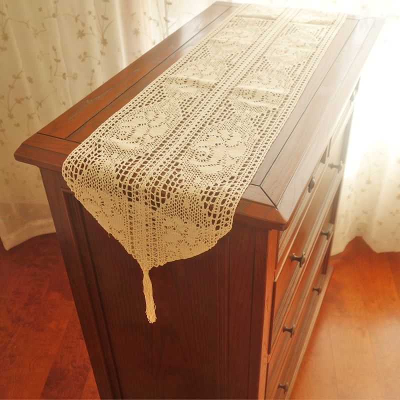 中式拼接唯美玫瑰钩针长条镂空桌旗美式乡村电视柜茶几桌布盖巾