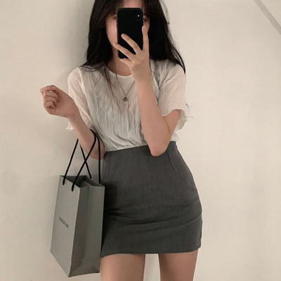 灰色西装包裙短款半身裙女夏薄款高腰a字紧身包臀一步裙ol职业黑