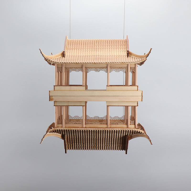 新中式禅意镜像木制古建筑凉亭子模型样板房客厅玄关软装饰品摆件