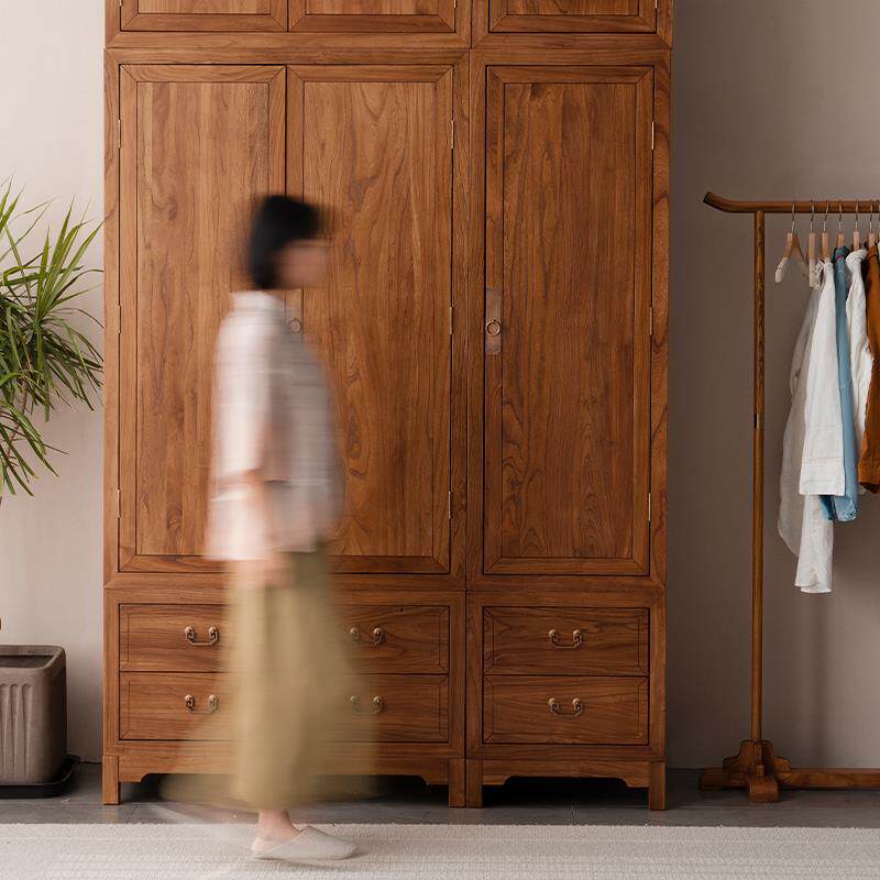 卧新中式衣柜老榆全实木大衣柜家木用原木组合衣橱挂室储物衣柜子