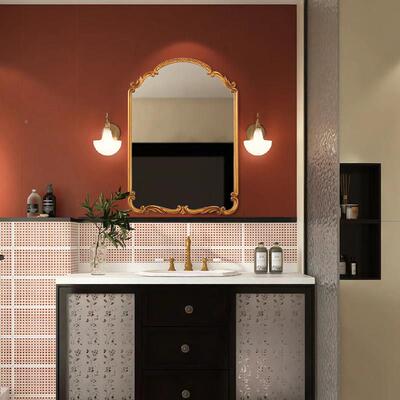 法式轻53818奢浴室镜覆古式能化妆镜欧壁炉智挂镜红网雕花宫廷装