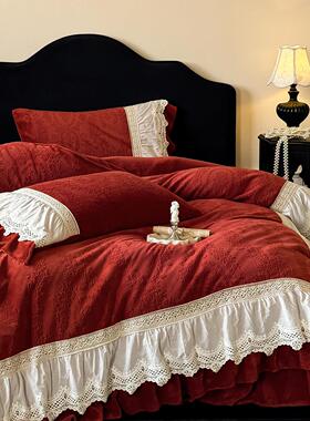 法式浪漫喜红色牛奶四件套冬季加绒保暖丝花GQL边绒雕花被庆套蕾