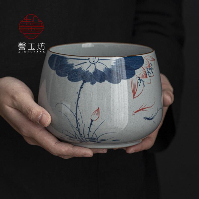 荷茶花手绘茶洗草木灰手杯洗渣缸陶瓷洗茶盆茶桌面水桶茶倒叶渣茶