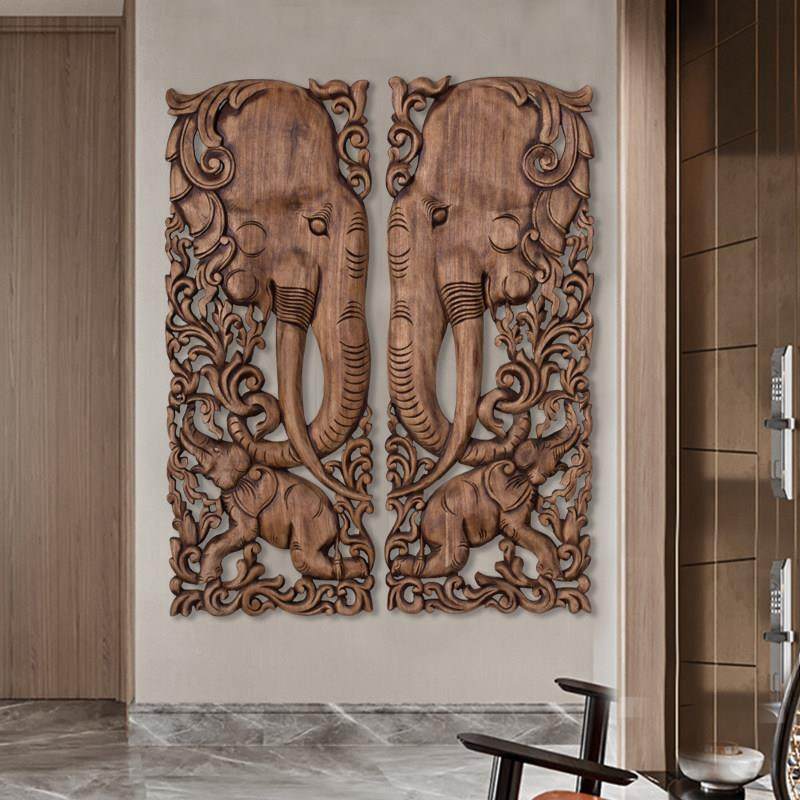 东南亚复古装饰壁挂实壁木雕花板厅象头雕花背景墙大挂象饰泰国餐