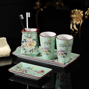 新中式陶瓷漱口杯套装洗手间化妆室刷牙杯套件牙具牙杯洗漱五件套