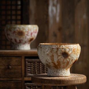 多肉花盆手绘粗陶精品创意覆古新中式老桩套组插花花卉绿植花盆