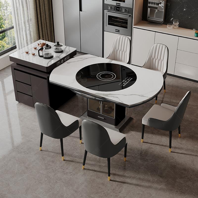 黑岩岛板台餐桌茶桌一家用轻奢多功能内嵌转盘电磁炉方体圆两色用