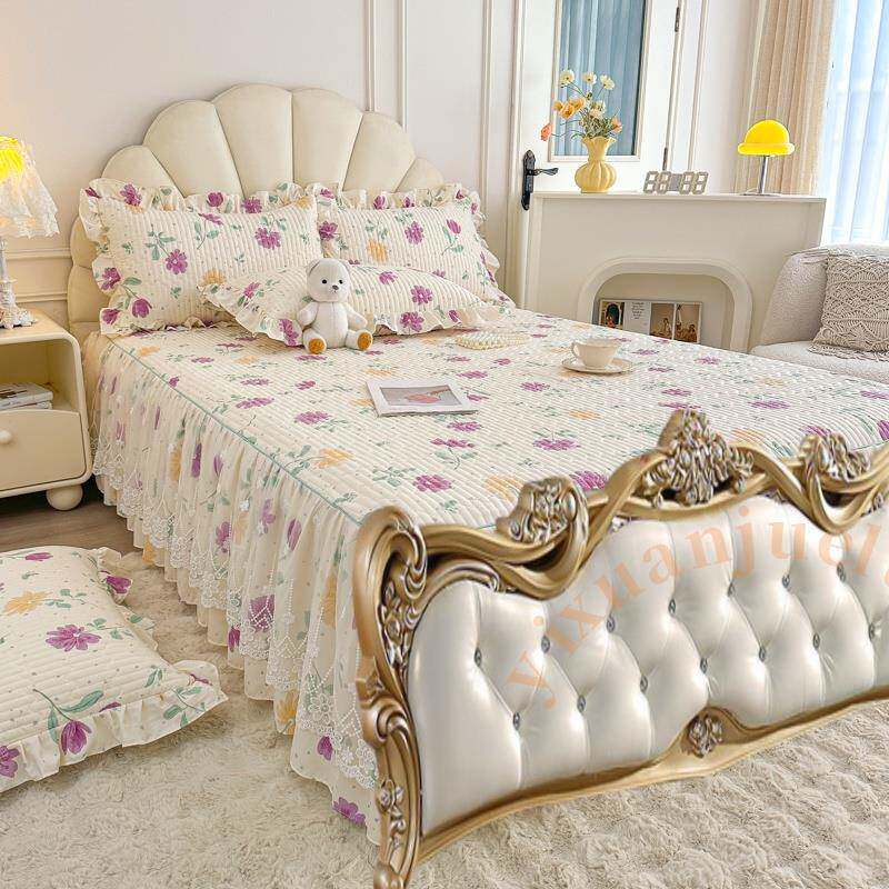 款欧AYC式无新床尾夹棉丝床裙儿四季加蕾厚绗缝单件防滑童床单床