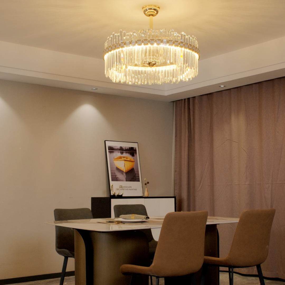 轻奢晶风扇吊灯原创水水扇晶灯三26色变光全铜电吊机餐厅风灯