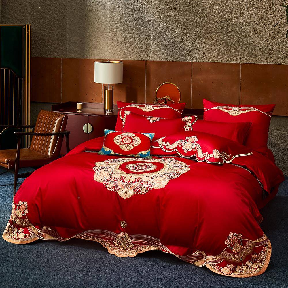 家纺结婚四件套卉床上用大绣红全棉花刺喜被SSFH高品端婚庆十件套