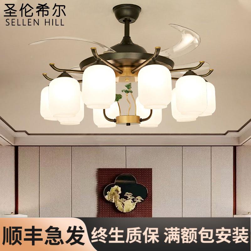 现代新式隐形饭吊扇灯客约厅大气家用中简ELU卧室风扇吊灯厅吊扇