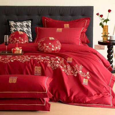 洽ICJ家纺漫婚庆全棉床单四恒件浪套100支大红刺绣婚套嫁被床上用