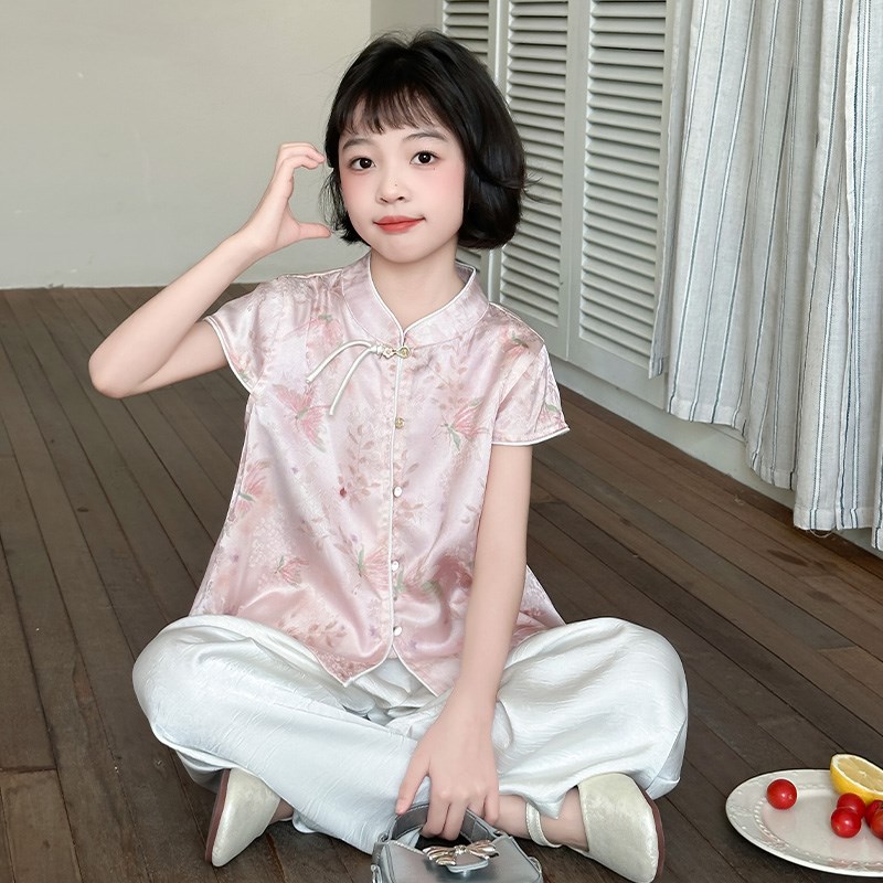 女童国风短袖套装2025夏季新款大童新中式上衣阔腿裙裤两件套儿童