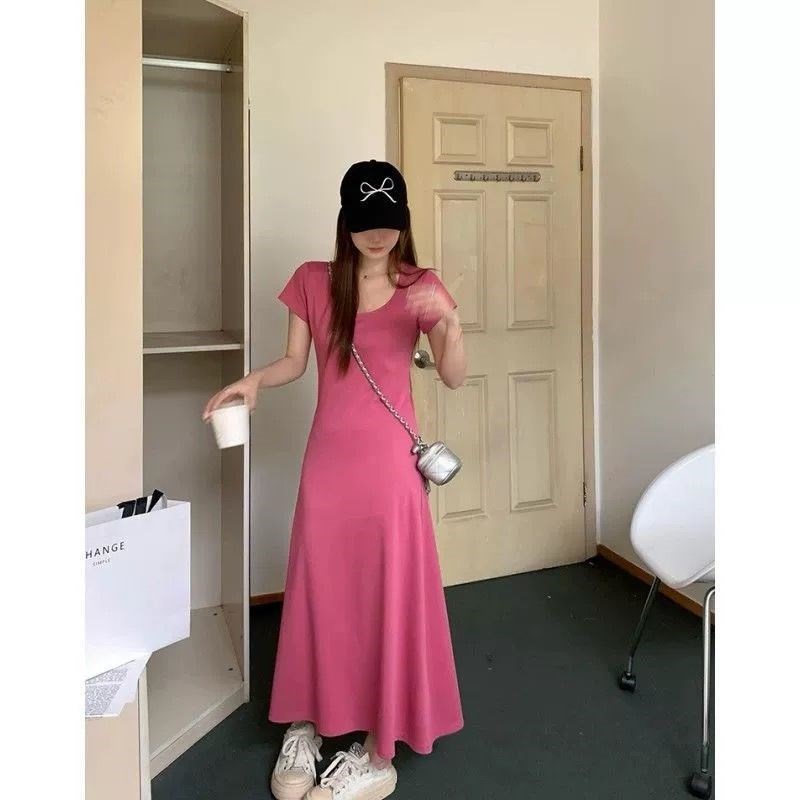 简约纯色U领g连衣裙女漏锁骨气质显瘦收腰休闲百搭短袖裙子夏季