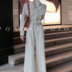 2024款时尚运动m套装女宽松显瘦短款连帽卫衣高腰阔腿裤气质两件