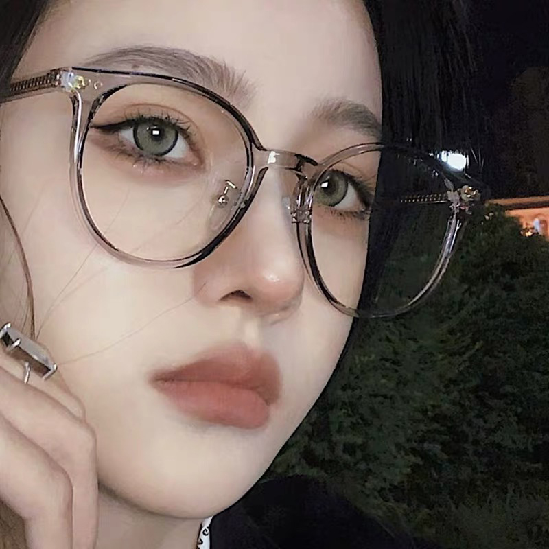 复古圆形透灰色镜框女防蓝光x辐射眼镜近视可配度数护目平光镜