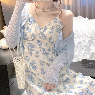 哺乳连衣裙两件套夏季新款产后外出时尚胖mm碎花吊W带雪纺裙喂奶