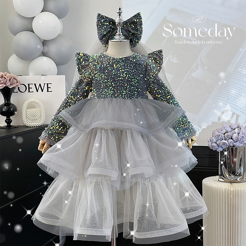 女童公主裙秋冬季高级感小女孩亮片生日礼服洋装儿童加绒蛋糕裙