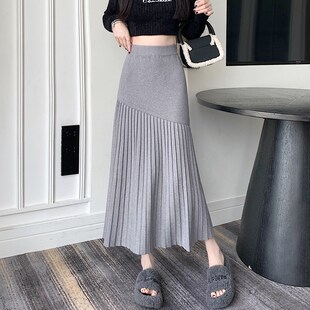 针织裙子a女秋季2024新款半身裙中长款遮跨a字裙加厚高腰百褶冬裙