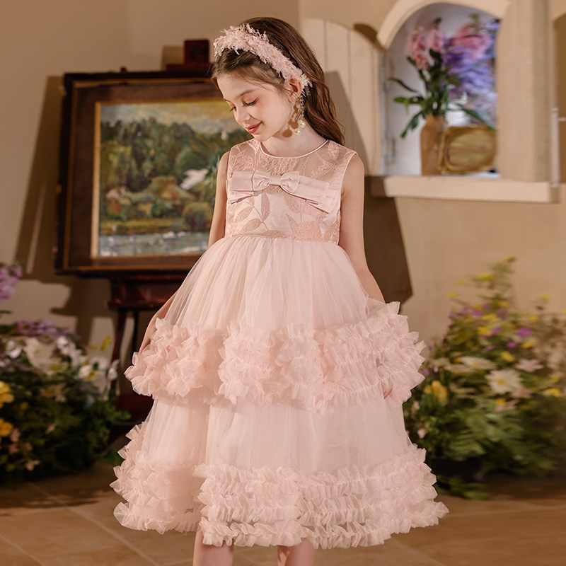 女童礼服蓬蓬裙主持人走秀钢琴演出比赛公主裙生日宴会粉色蛋糕裙
