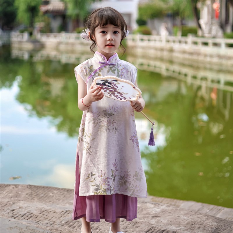 女童旗袍套装小女孩国风新中式连衣裙洋气碎花裙子潮2024新款夏季