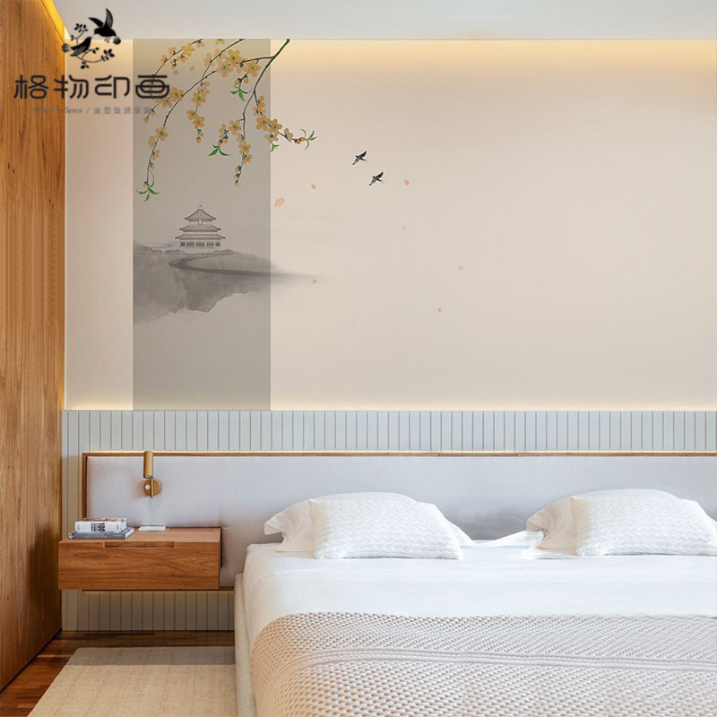 古风中式意境壁纸水墨花鸟客厅背景墙纸壁布书房卧室床头装饰壁画