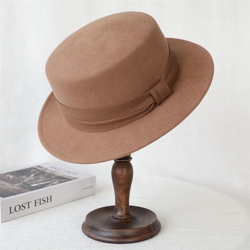 平顶帽子秋冬新款男女羊毛平沿驼色黑色百搭时尚英伦风礼帽白色