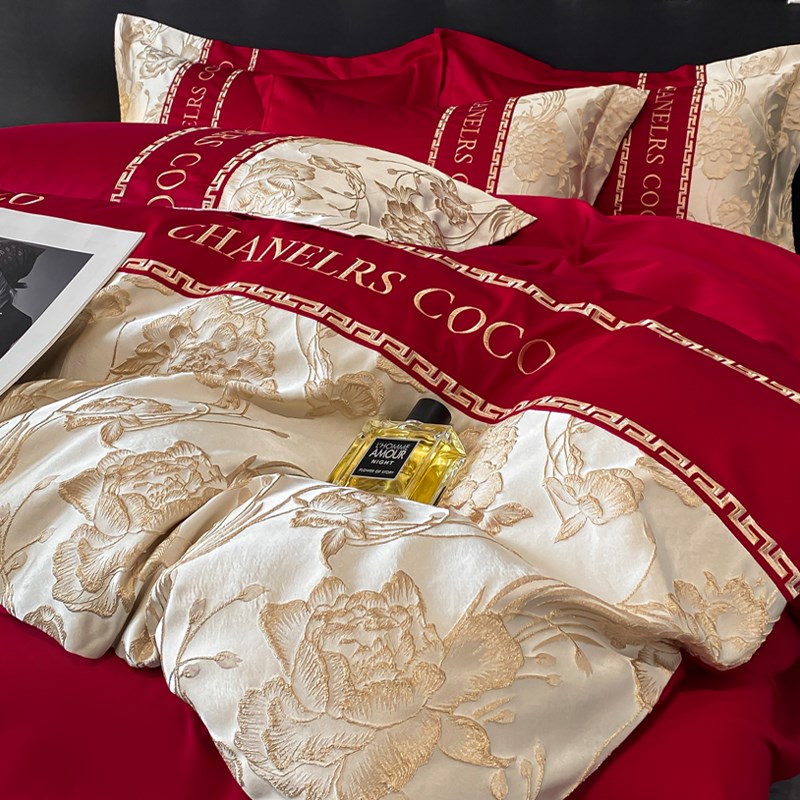 轻奢风婚庆四件套l红色拼接被套纯棉结婚床单新房乔迁全棉床上用