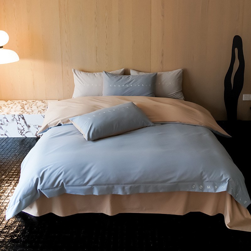 100支纯色长绒棉全棉磨毛四件套秋冬纯棉加厚磨毛简约刺绣被套