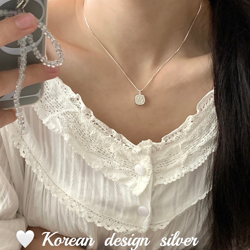 方块笑脸项链女锁骨链纯银通勤毛衣链可爱小巧高级简约轻奢百搭