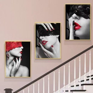 现代简约复式楼梯装饰挂画轻奢客厅美女美容院P理发店竖版三联壁