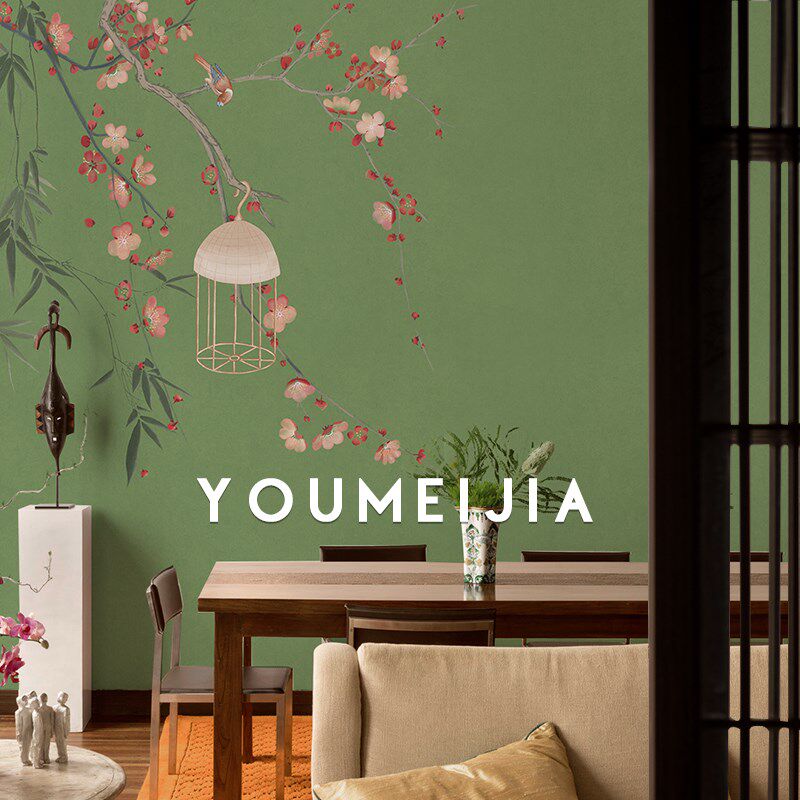 水墨梅竹花鸟壁纸新中式客厅电视背景墙壁布定制卧室餐厅壁画墙布