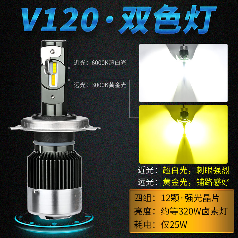 电瓶车灯踏板摩托车改装12V超亮强光内置远近光led大灯泡双爪黄光