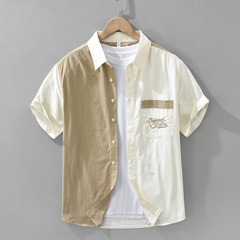 日系个性拼接刺绣纯棉短袖衬衫男士夏季时尚百搭文艺休闲宽松上衣