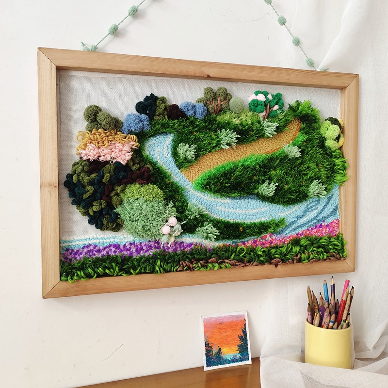 戳戳绣diy手工自制草r坪装饰画戳戳乐针毛线画刺绣初学挂画材料包