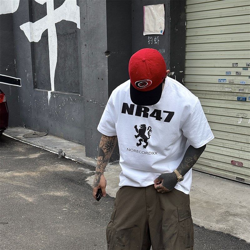 白鹤大人 360g重磅纯棉白墨怒狮印花短袖T恤男女宽松小领口打底衫