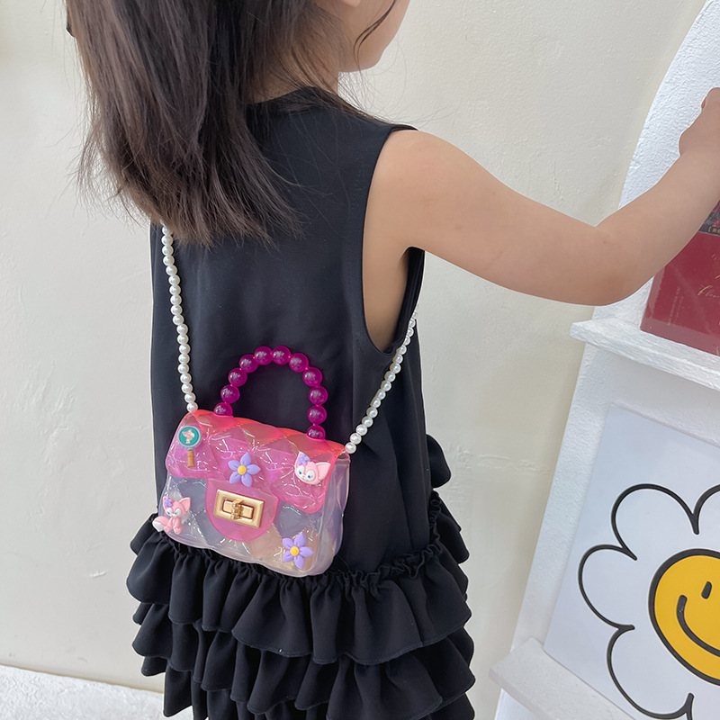 新款透明果冻包女童包包珍珠链条卡通硅胶斜挎包可爱卡通手提小包