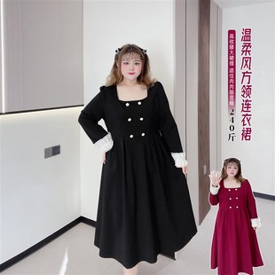 女装 240斤大码 复古宫廷风方领温柔F风赫本显瘦连衣裙红色敬酒长裙