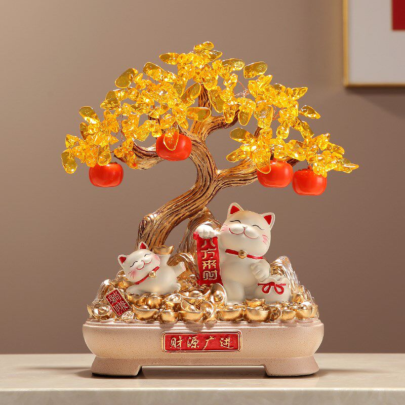 新中式水晶发财树招财猫摆件高档客厅玄关酒店前台装饰品乔迁礼物