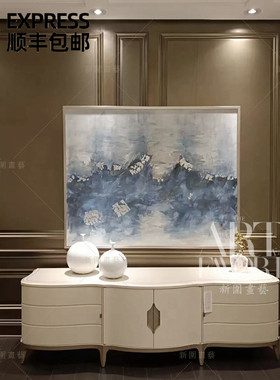 现代高端法式轻奢手n绘油画美式蓝色云端客厅沙发背景抽象装饰挂