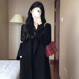 高级感独特超好看黑色西装毛呢外套中长I款气质呢子大衣女冬季新