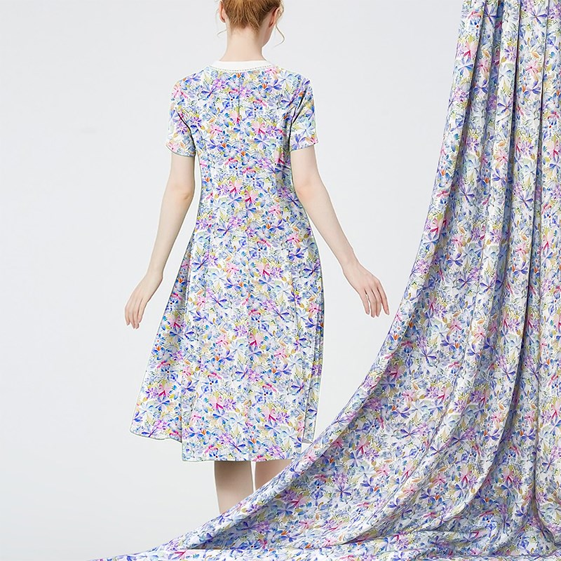 夏季高档棉绸布料裙子衬衣薄款紫色印花面料垂感真丝绸缎小碎花布